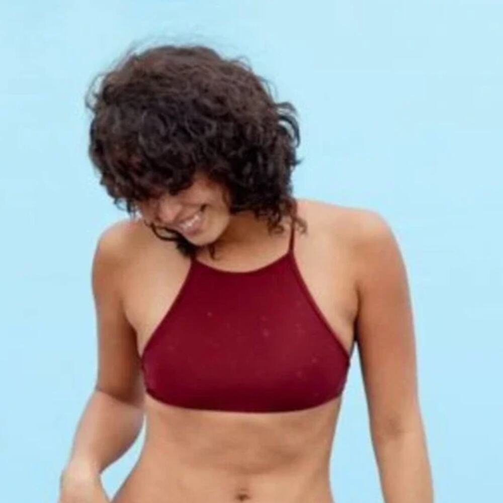Aerie High Neck Bikini Crop Top Wine Burgundy Size Small